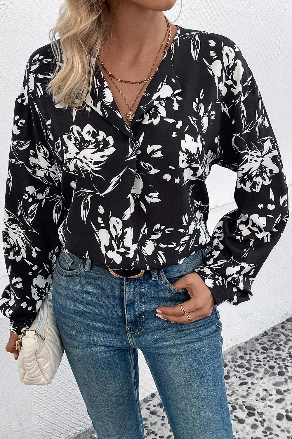 Floral Collared Neck Long Sleeve Top 