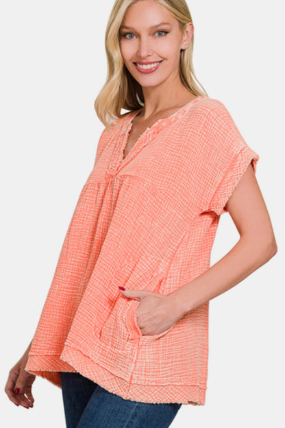 Zenana Washed Raw Hem Short Sleeve Blouse with Pockets 