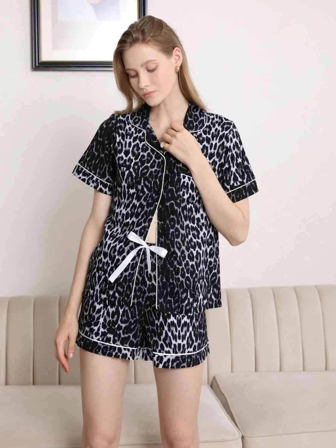 Lapel Collar Shirt and Shorts Pajama Set 