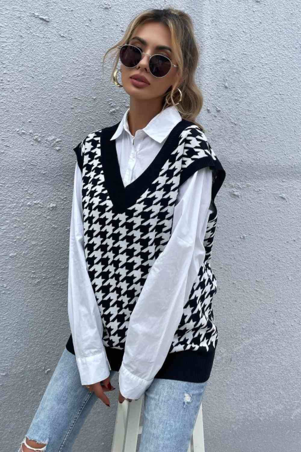 Houndstooth Ribbed V-Neck Sweater Vest 