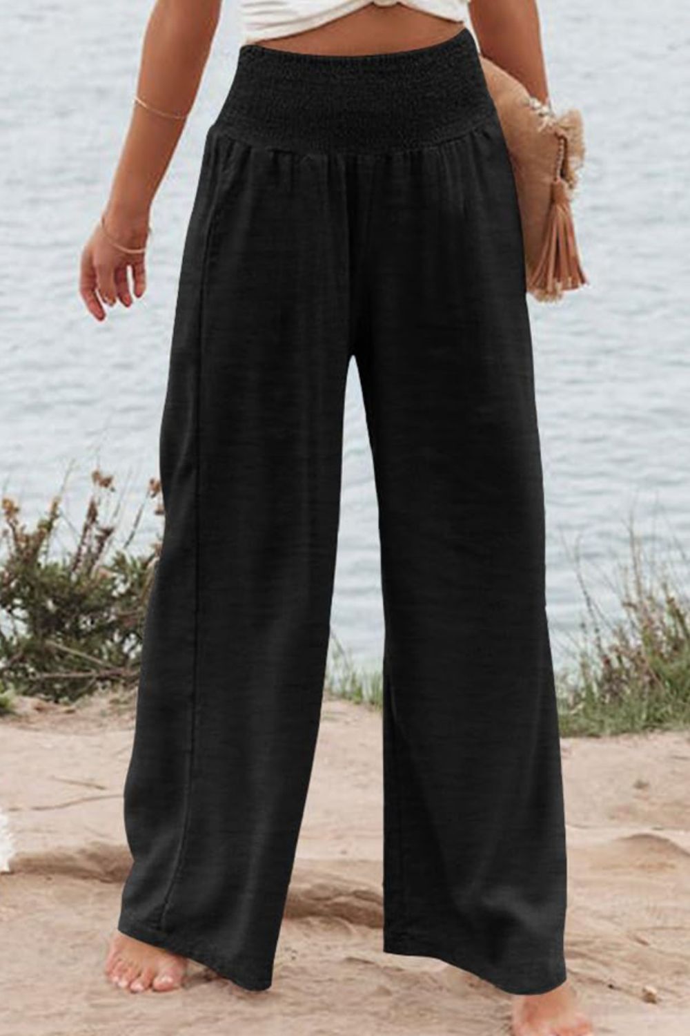 Plus Size Smocked High Waist Wide Leg Pants - Babbazon