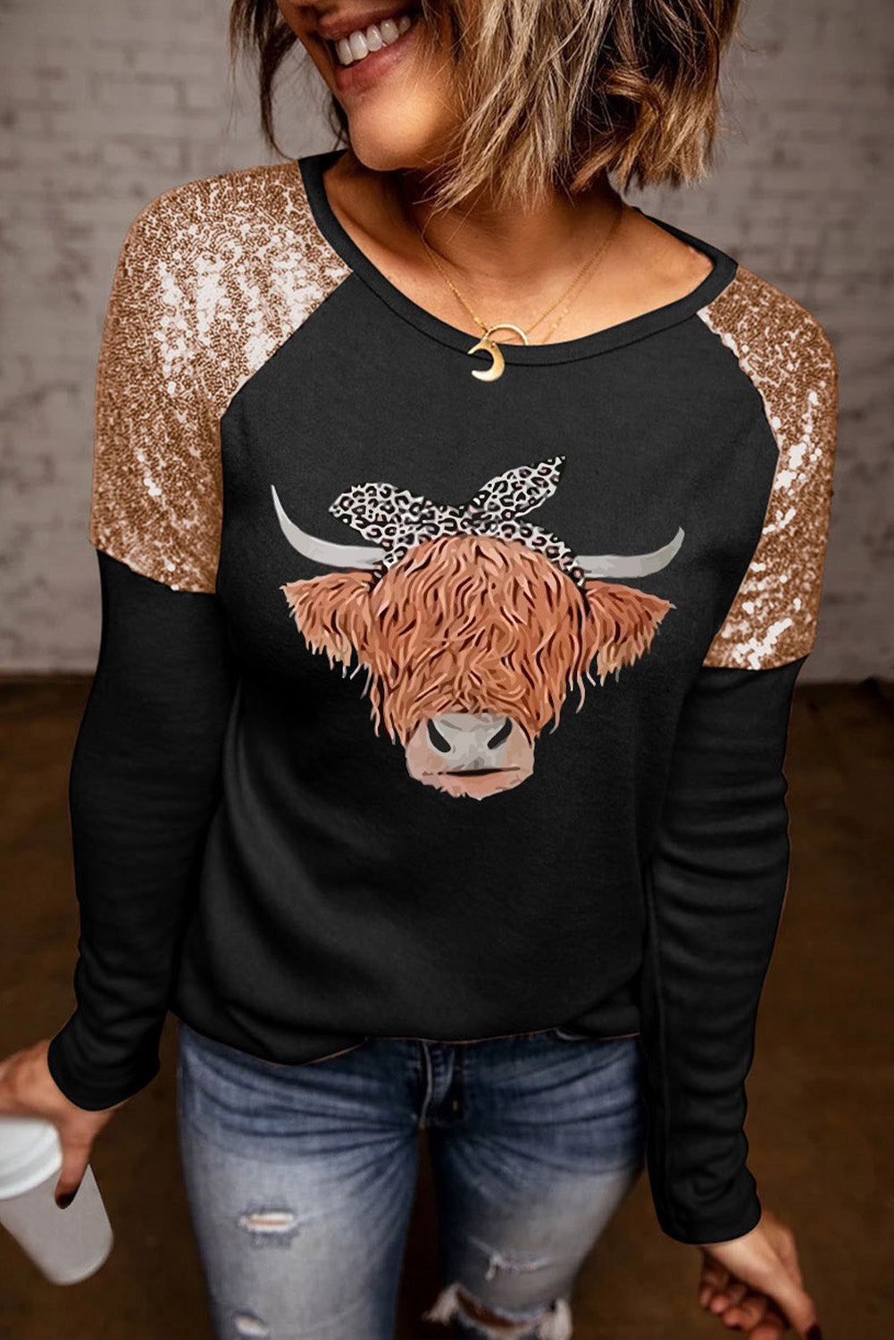 Contrast Sequin Animal Graphic Round Neck Top 