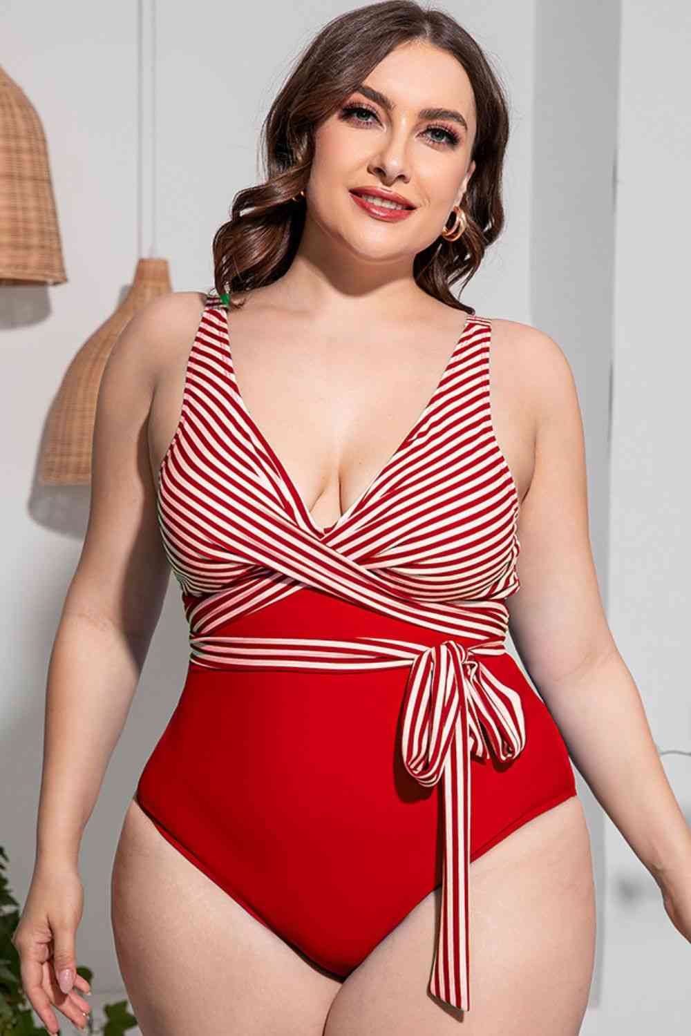 Plus Size Striped Tie-Waist One-Piece Swimsuit - Babbazon Jumper