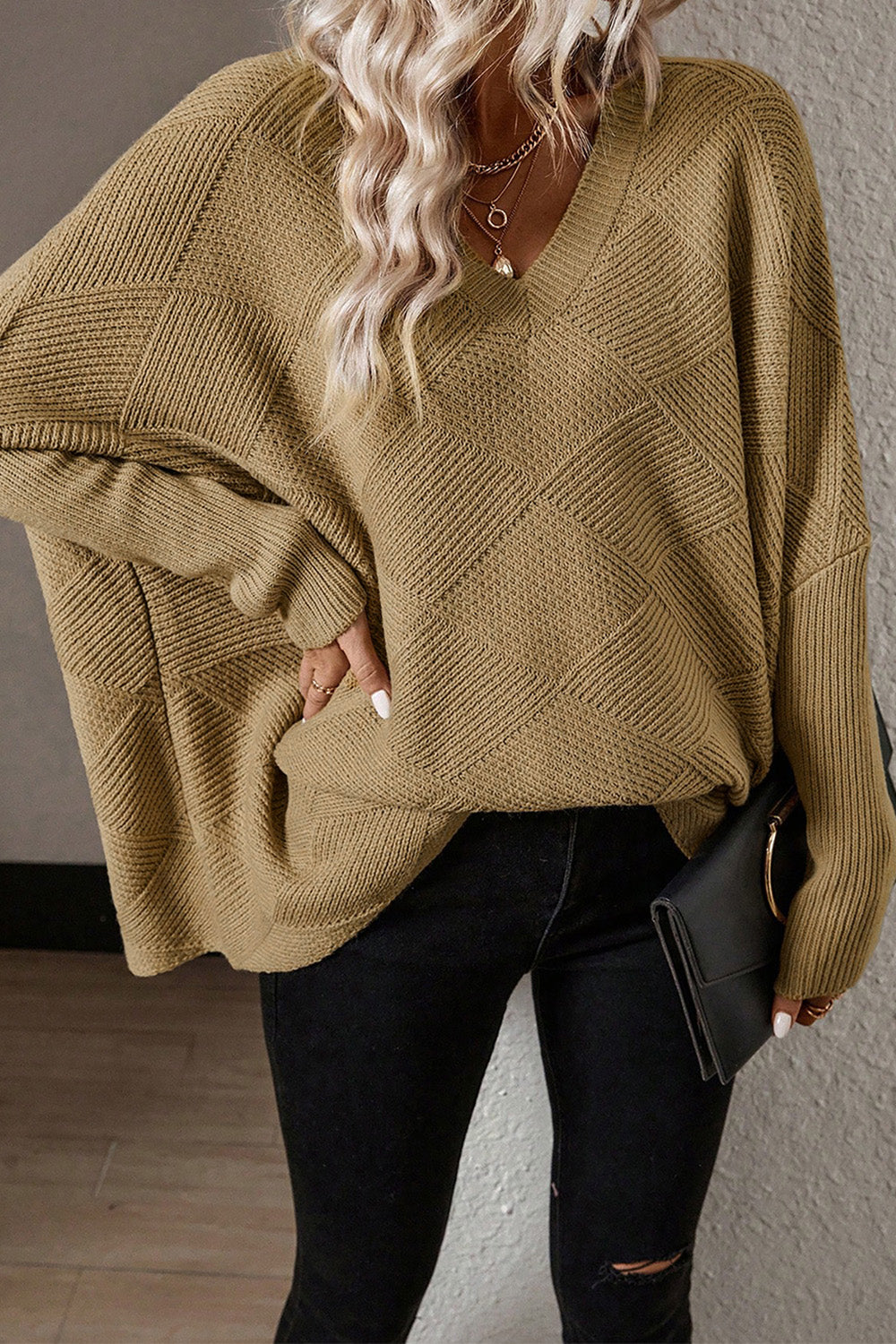 V-Neck Batwing Sleeve Pullover Sweater 