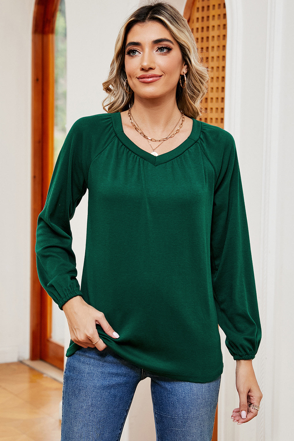 Ruched V-Neck Raglan Sleeve T-Shirt