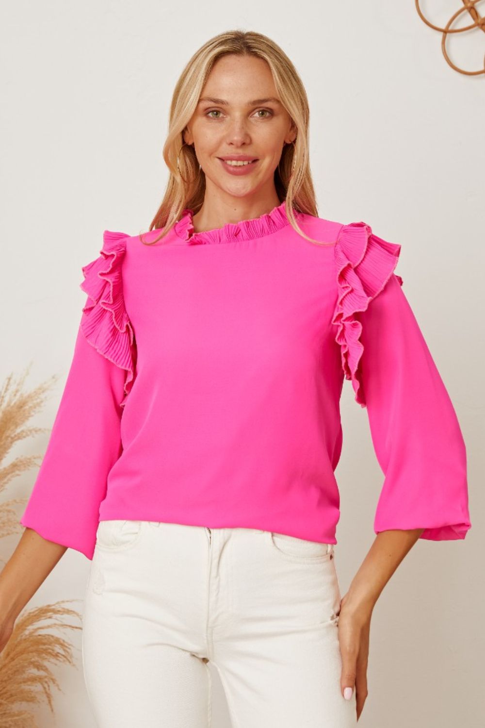 Frill Ruffled Three-Quarter Sleeve Blouse - Babbazon Tops