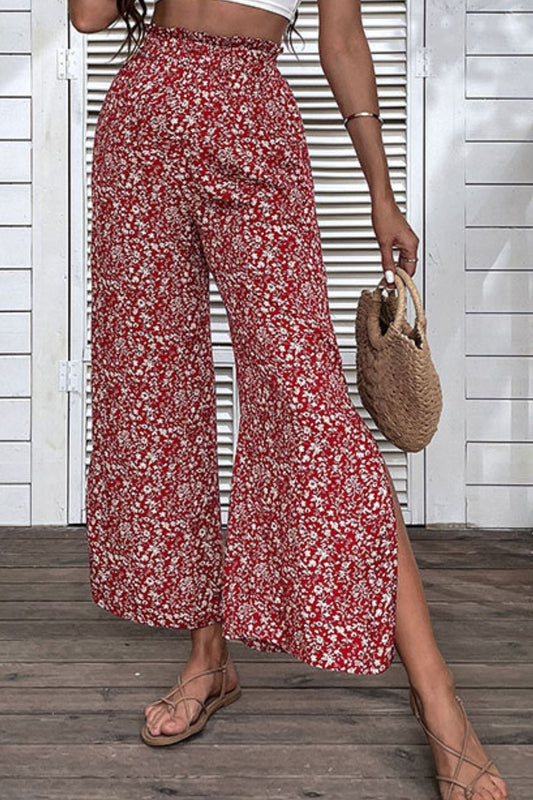 Ditsy Floral Slit Paperbag Waist Wide Leg Pants - Babbazon