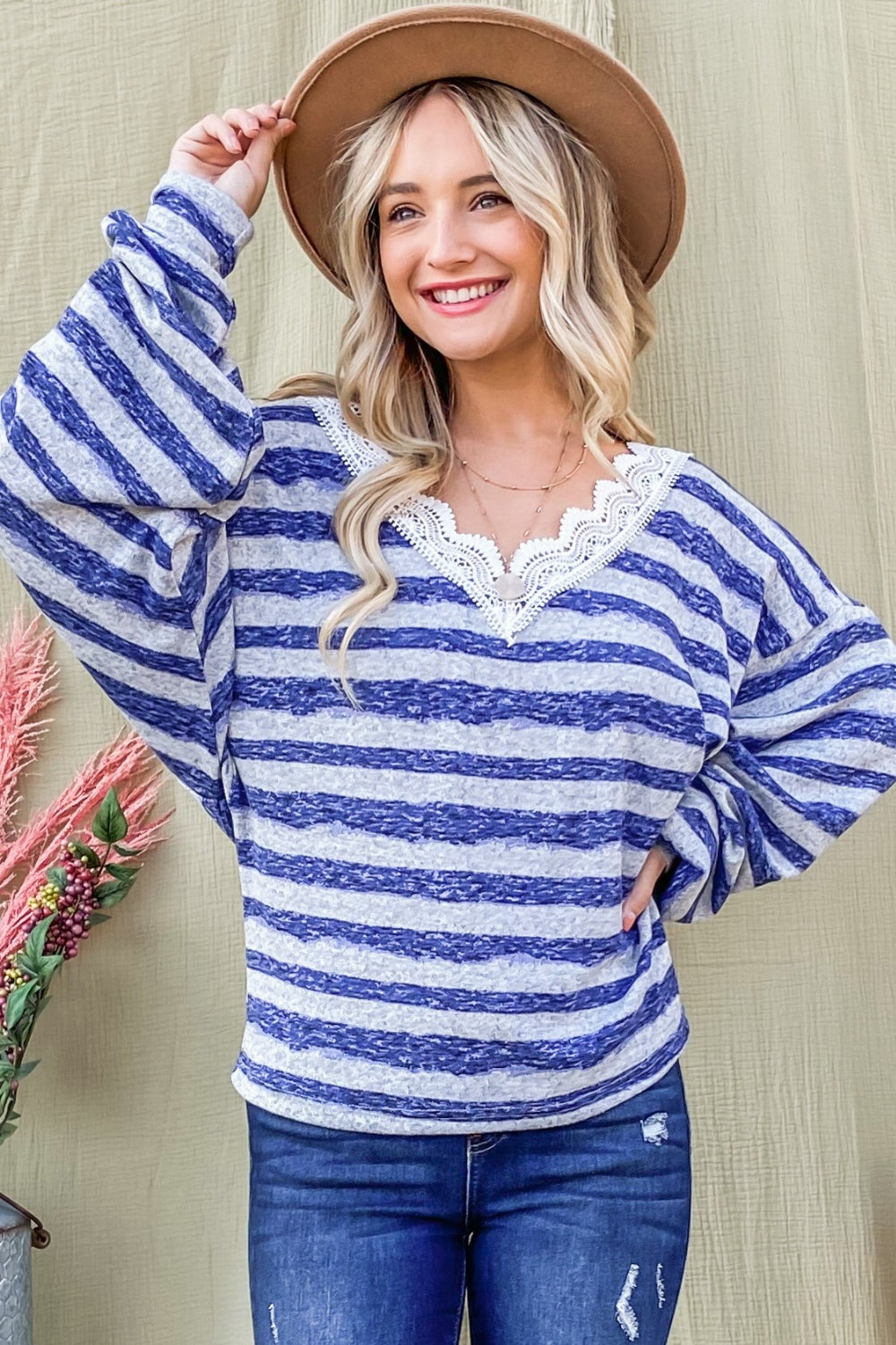 And The Why Striped Lace Detail V Neck Top 