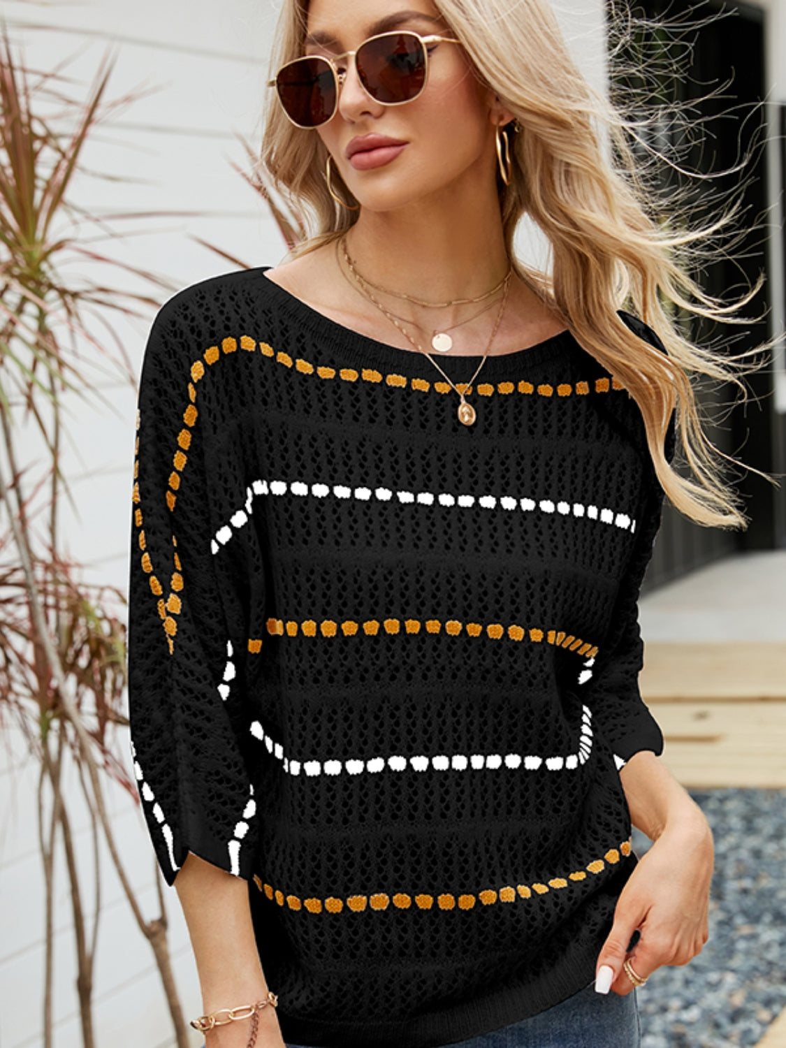 Eyelet Striped Round Neck Knit Top - Babbazon Women's Tops