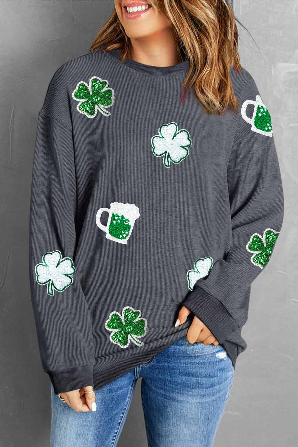 Lucky Clover Beer Sequin Round Neck Sweatshirt - Babbazon sweatshirt