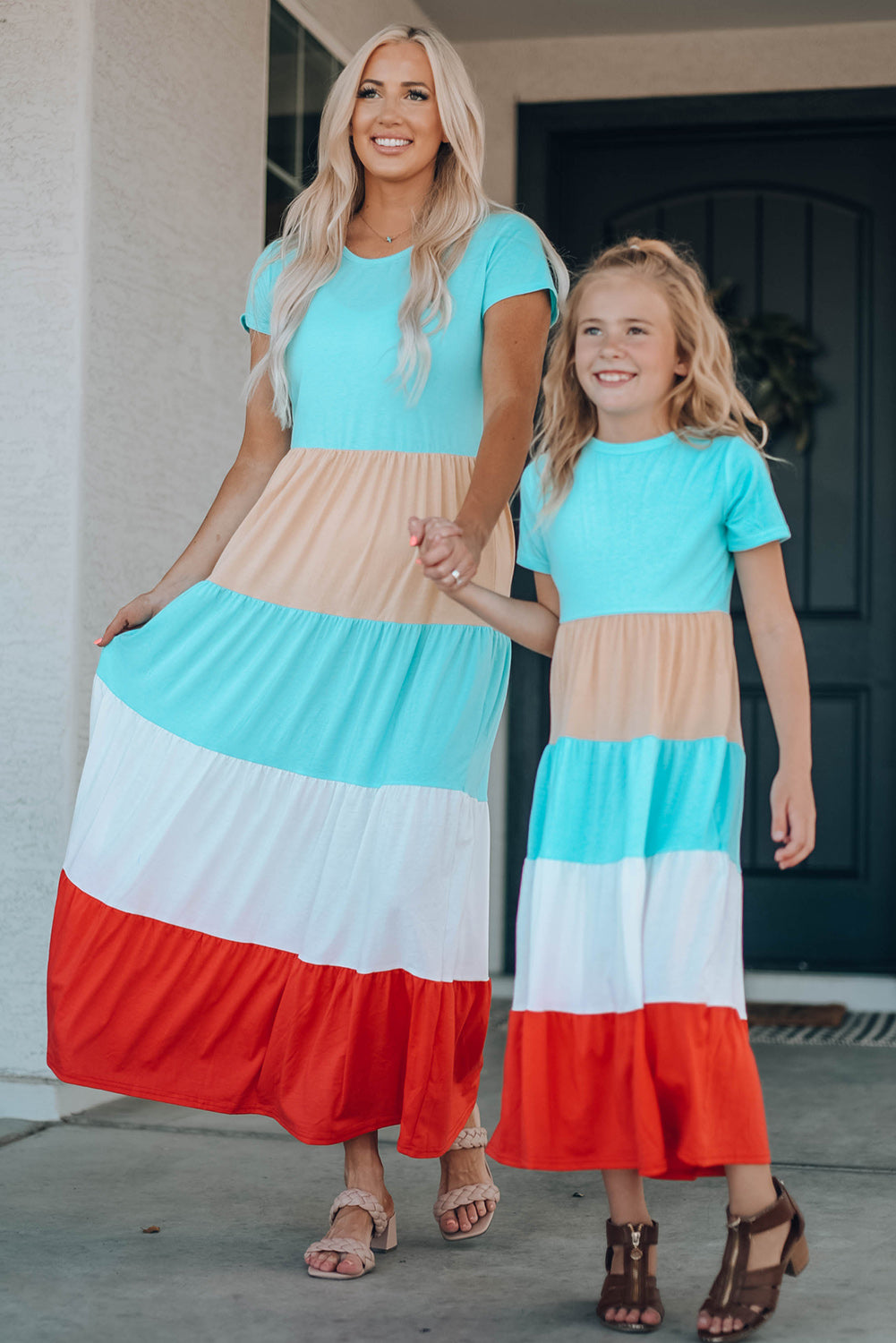 Girls Color Block Round Neck Maxi Dress 