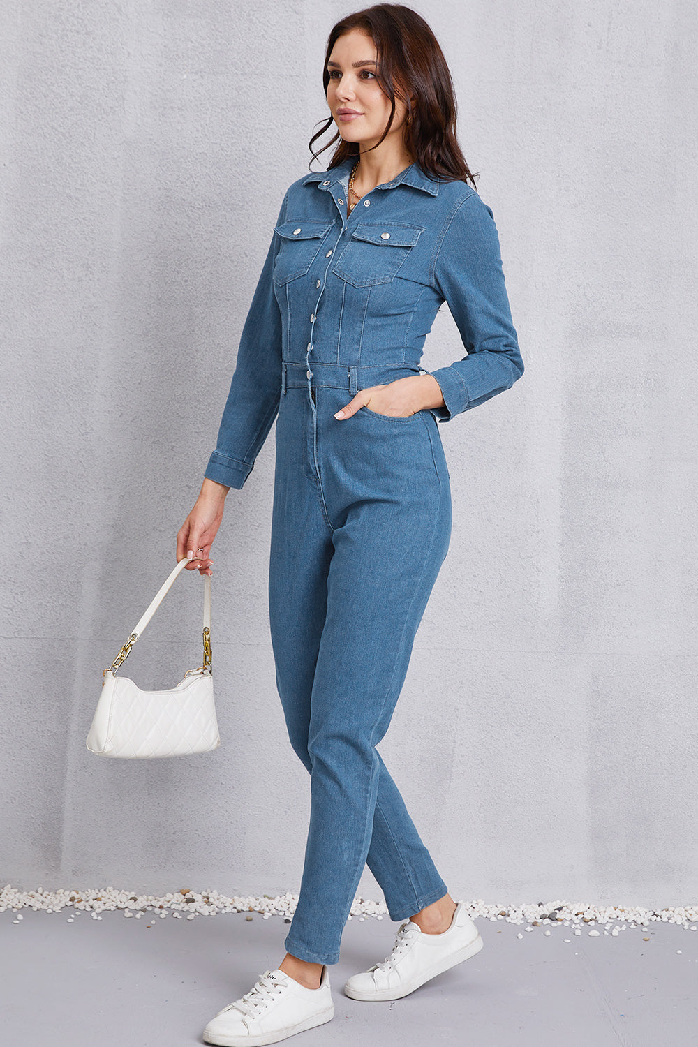 Snap Down Denim Jumpsuit with Pockets 