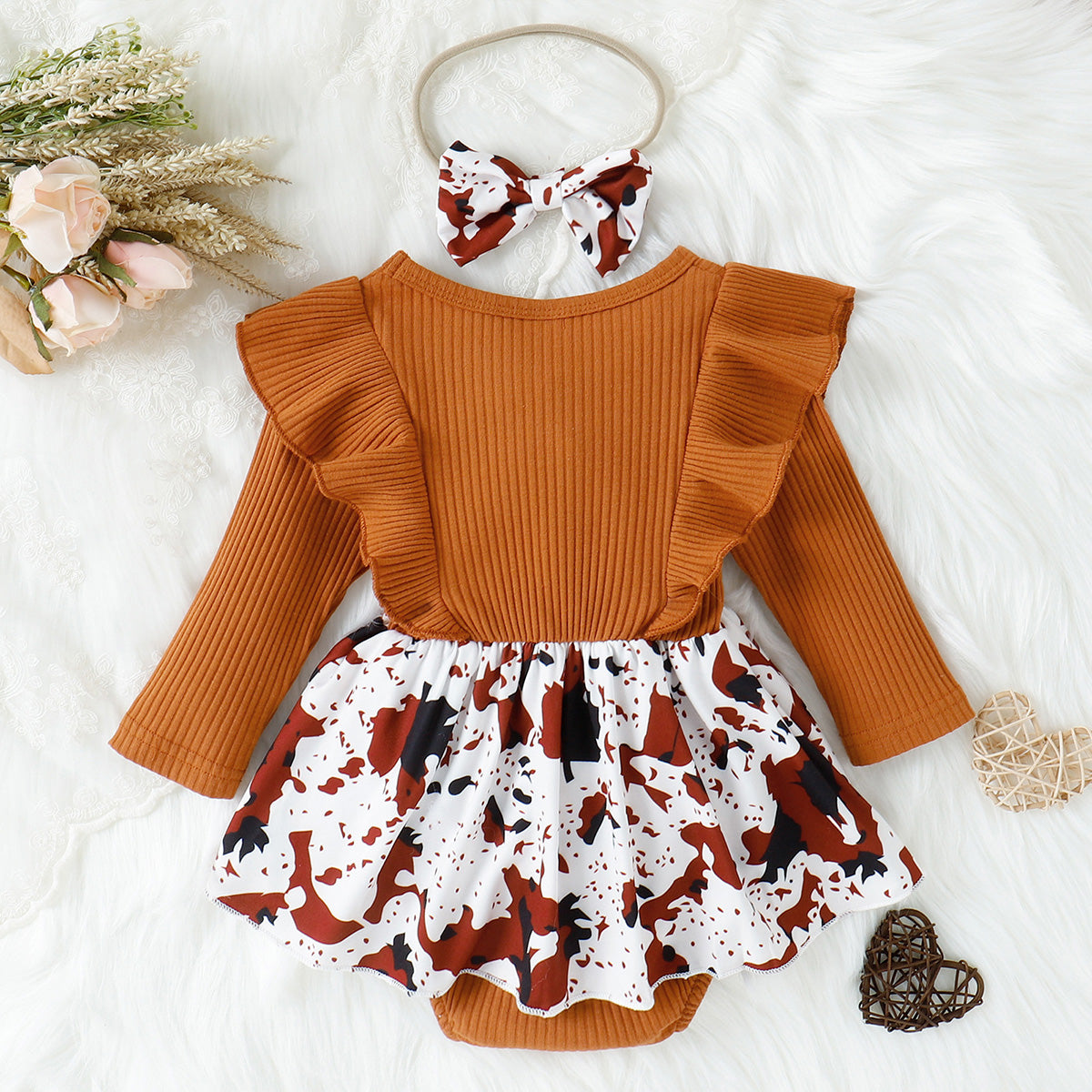 Printed Ruffled Bow Round Neck Bodysuit Dress 