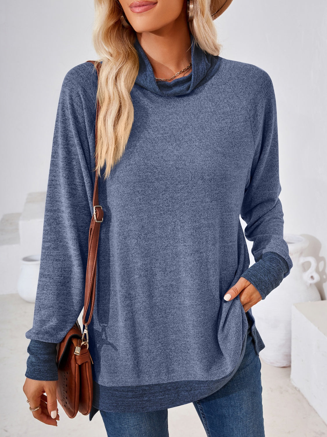 Contrast Mock Neck Long Sleeve T-Shirt 