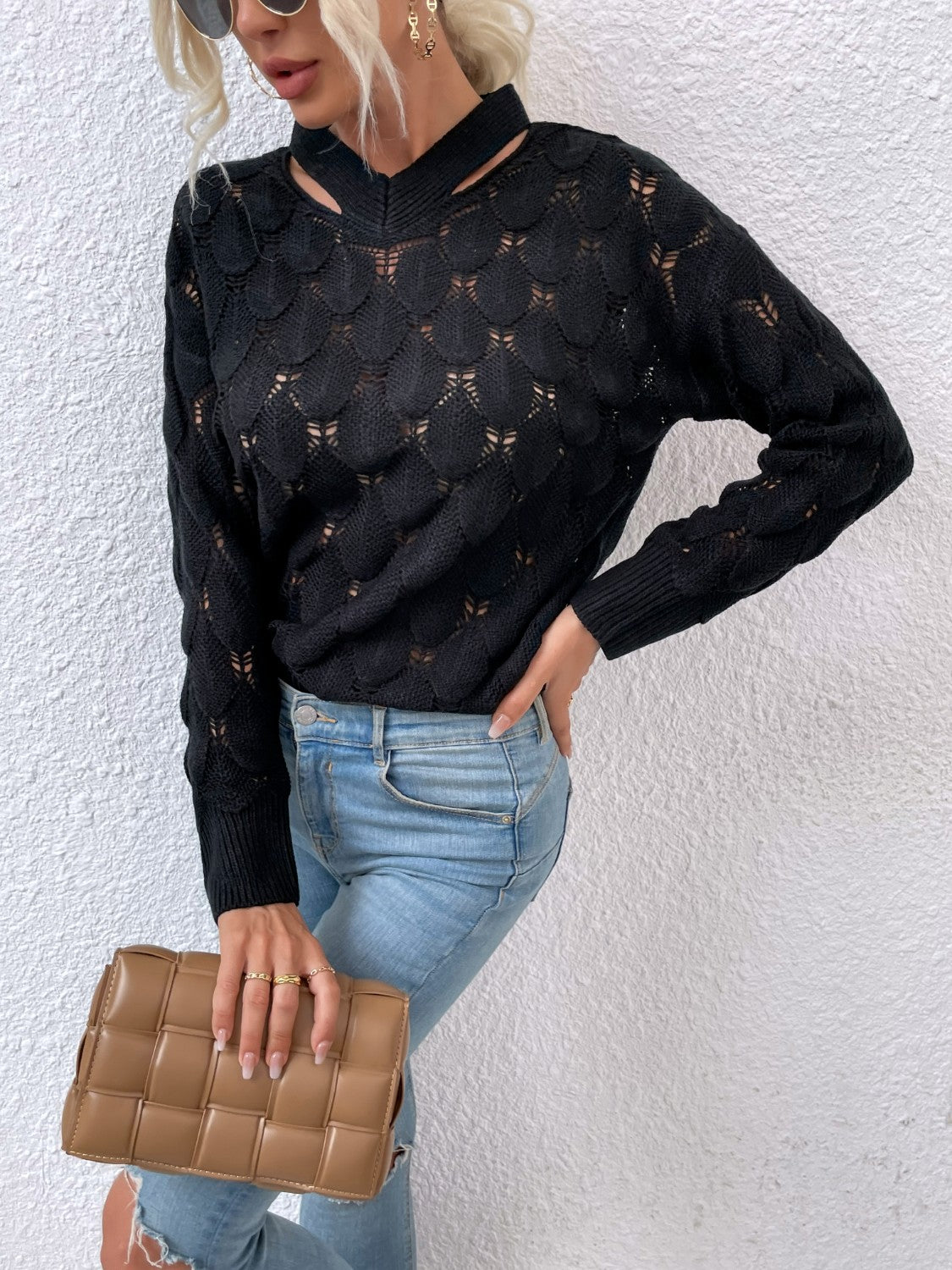 Openwork Cutout Dropped Shoulder Sweater 