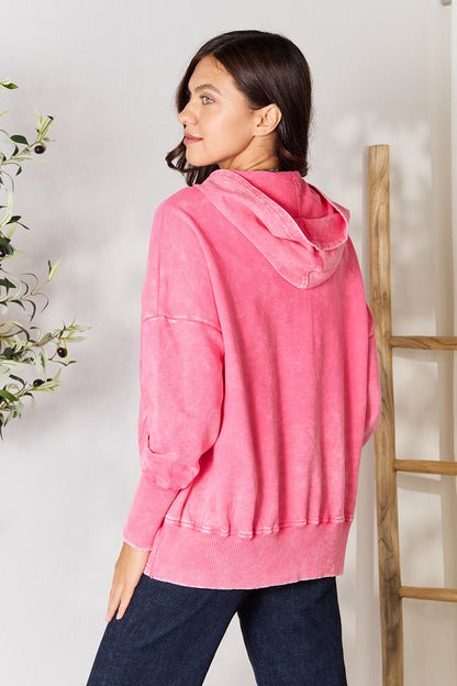 Zenana Half Snap Long Sleeve Hoodie with Pockets 