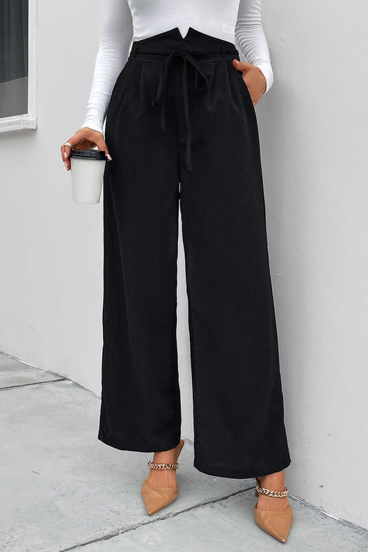 High Waist Ruched Tie Front Wide Leg Pants 