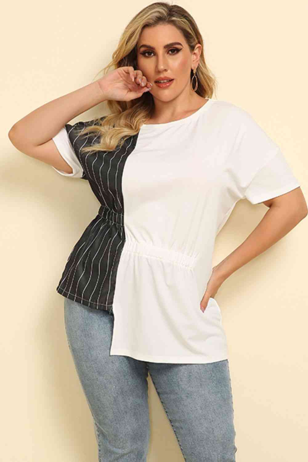 Plus Size Striped Color Block Asymmetrical T-Shirt 