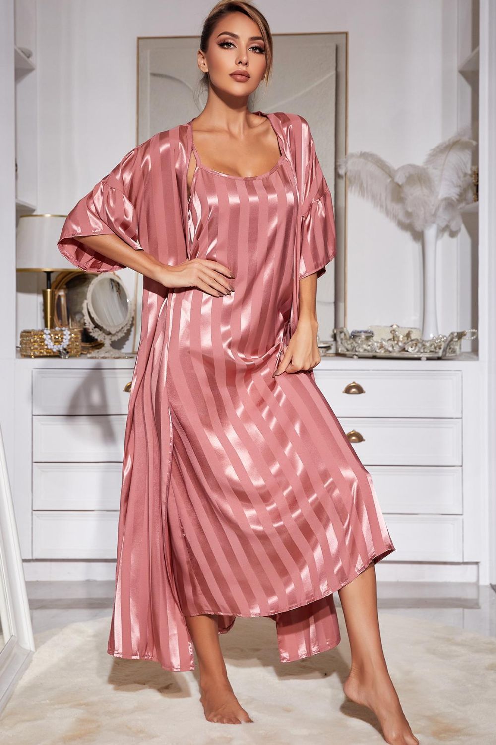 Striped Flounce Sleeve Open Front Robe and Cami Dress Set 