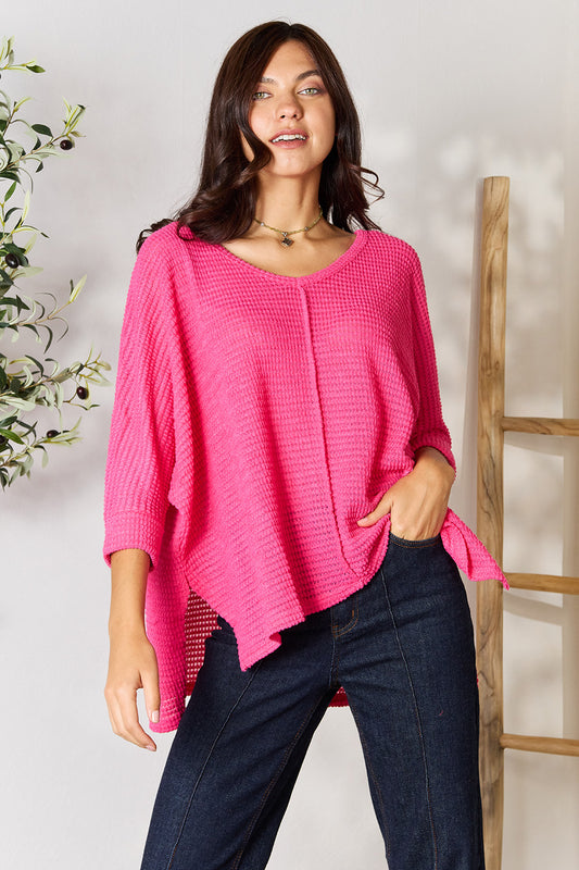 Zenana Full Size Round Neck High-Low Slit Knit Top 