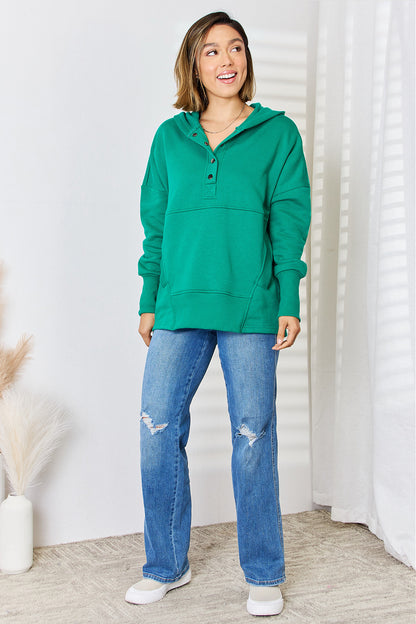 Zenana Half Snap Long Sleeve Hoodie 