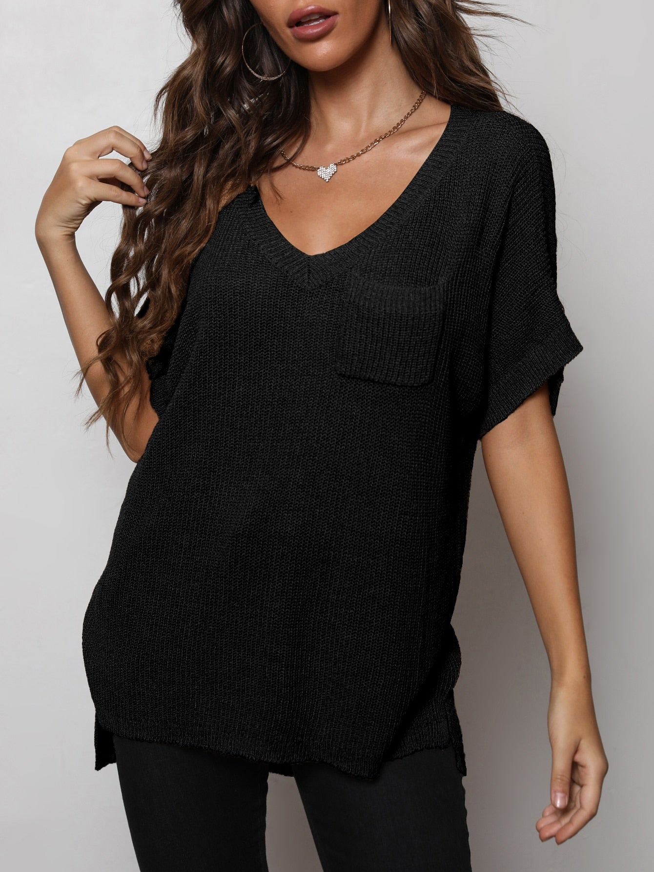 V-Neck Slit High-Low Knit Top 