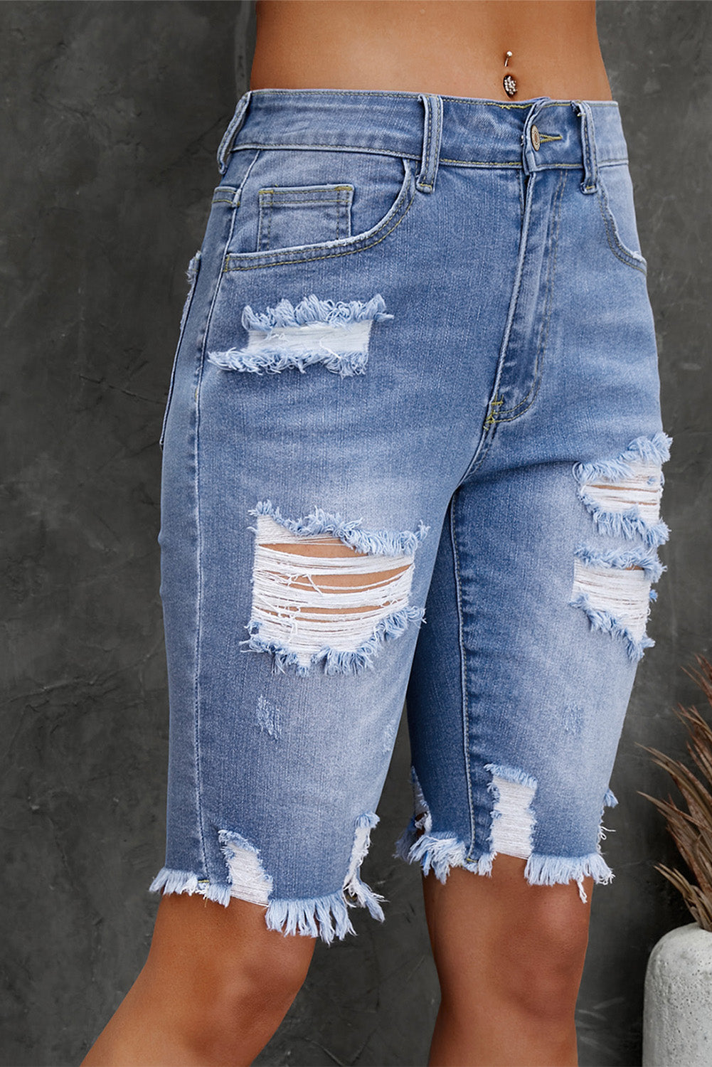 Distressed Frayed Hem Denim Bermuda Shorts 