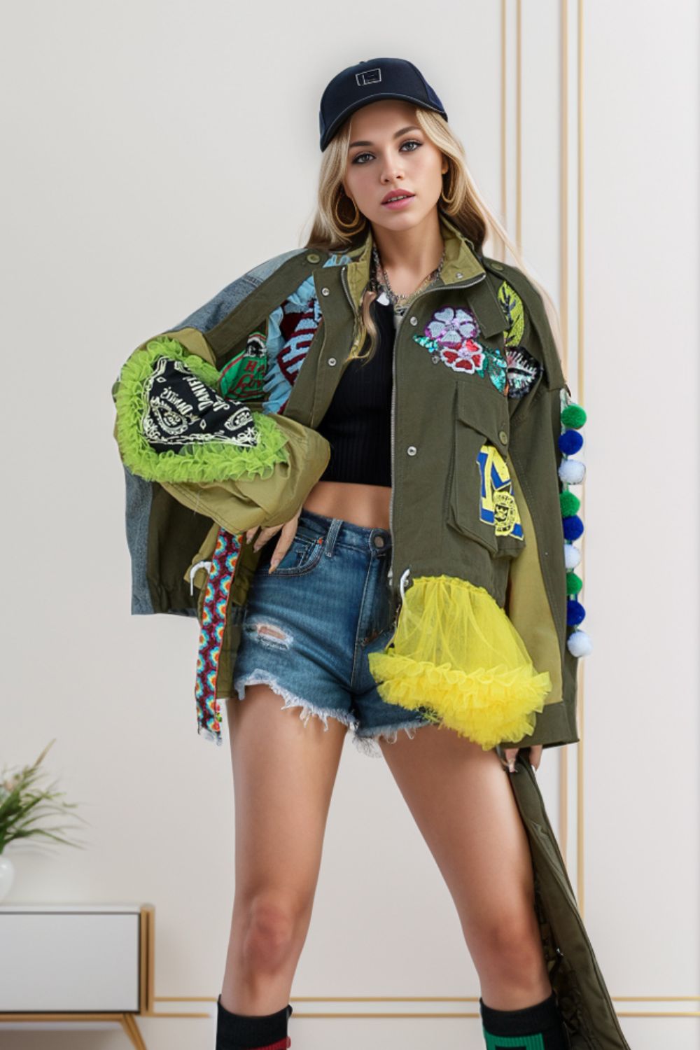 Sequin Patchwork Zip Up Dropped Shoulder Jacket 