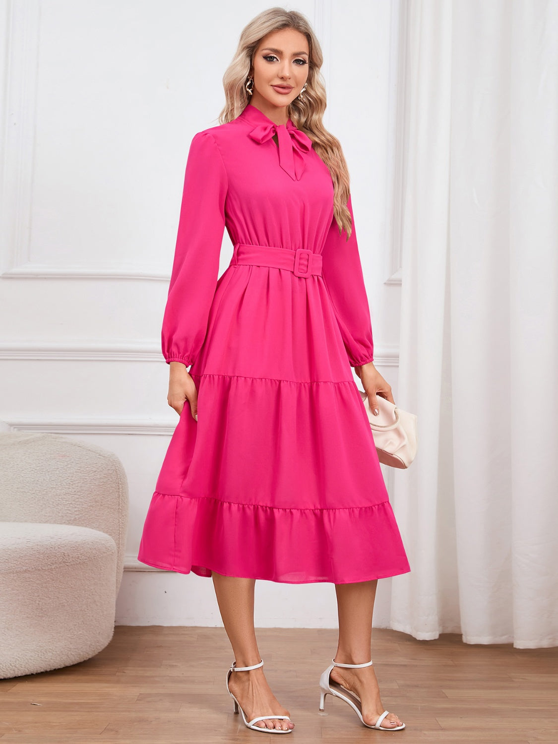 Tie Neck Long Sleeve Tiered Dress 