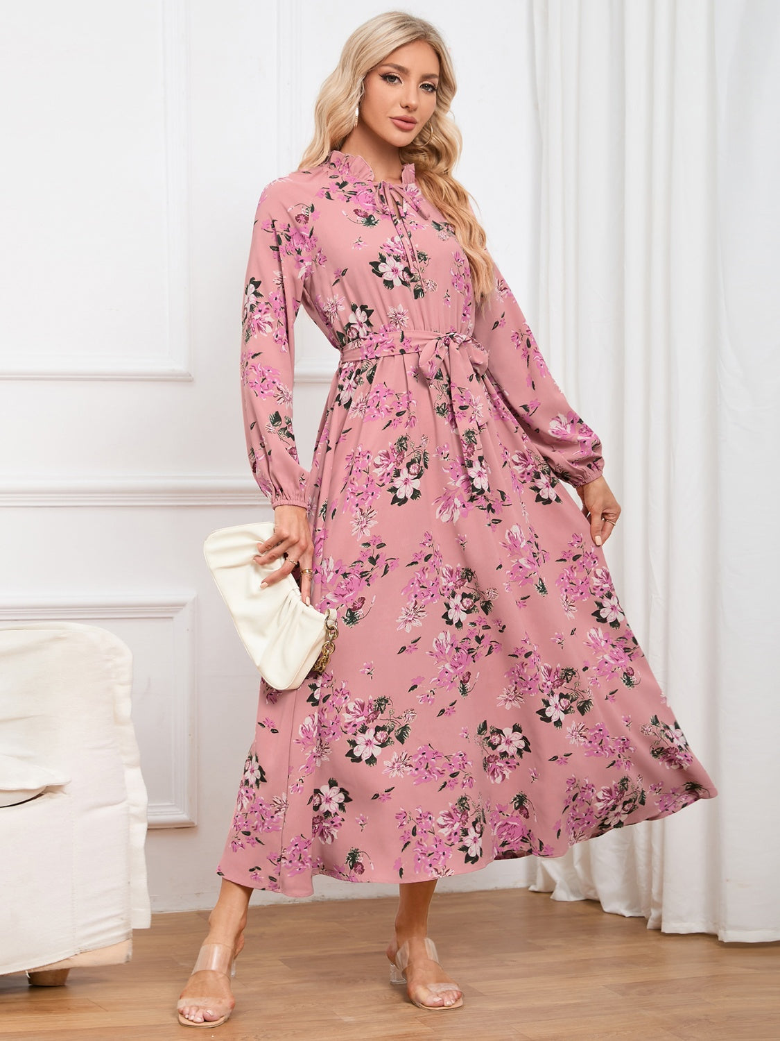 Floral Tie Front Balloon Sleeve Dress 