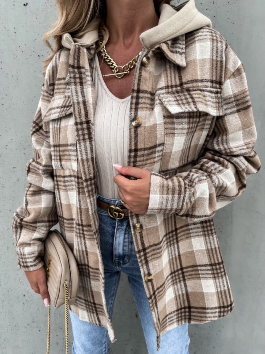 Plaid Dropped Shoulder Hooded Jacket 