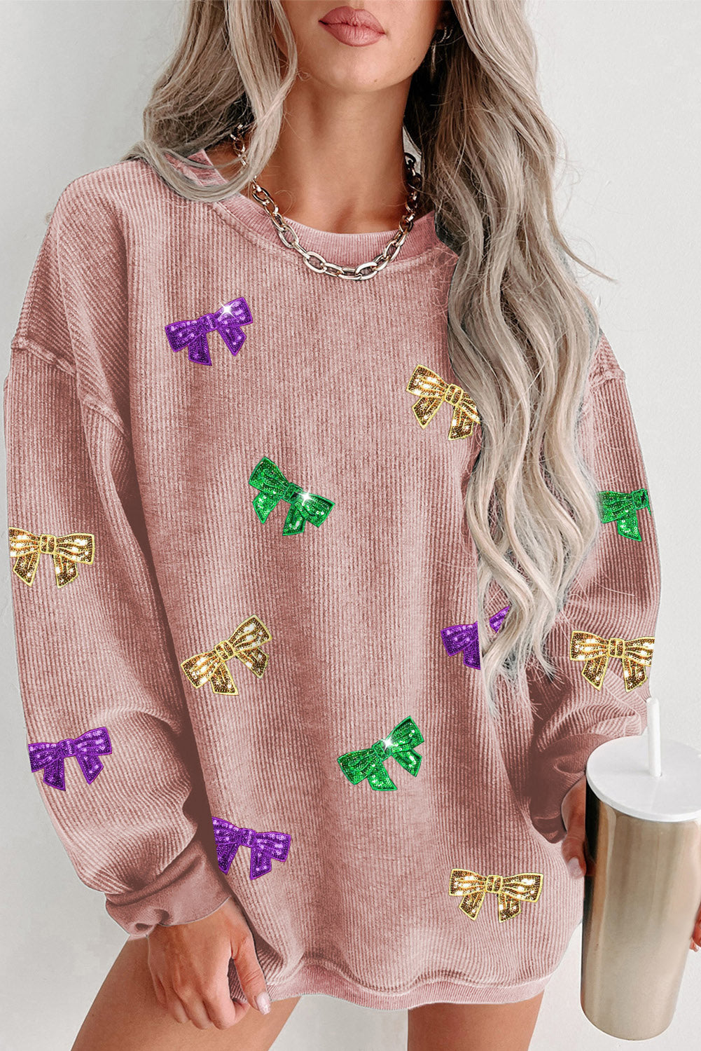 Bow Sequin Round Neck Sweatshirt - Babbazon sweatshirt