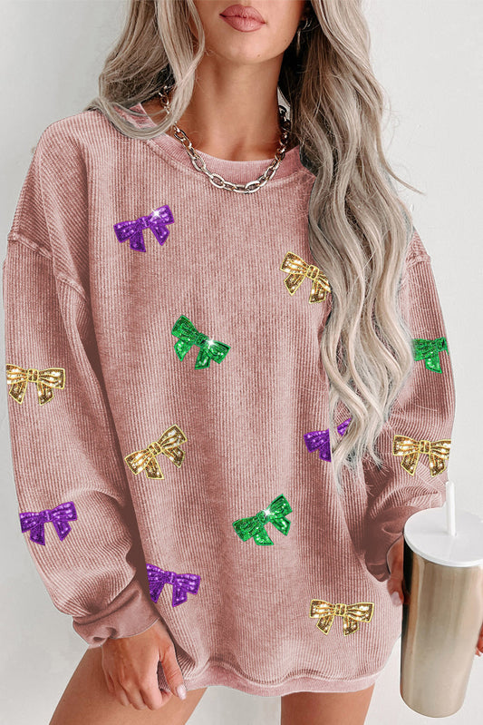 Bow Sequin Round Neck Sweatshirt - Babbazon sweatshirt