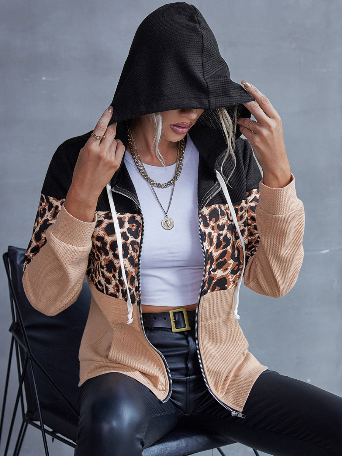 Drawstring Leopard Zip Up Hooded Jacket 