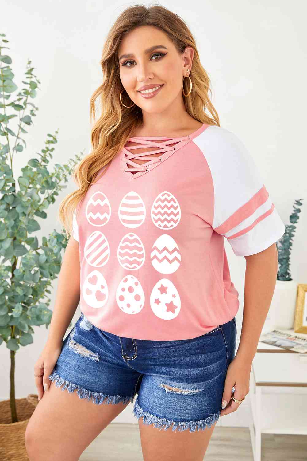 Plus Size Easter Egg Graphic Crisscross Tee Shirt 