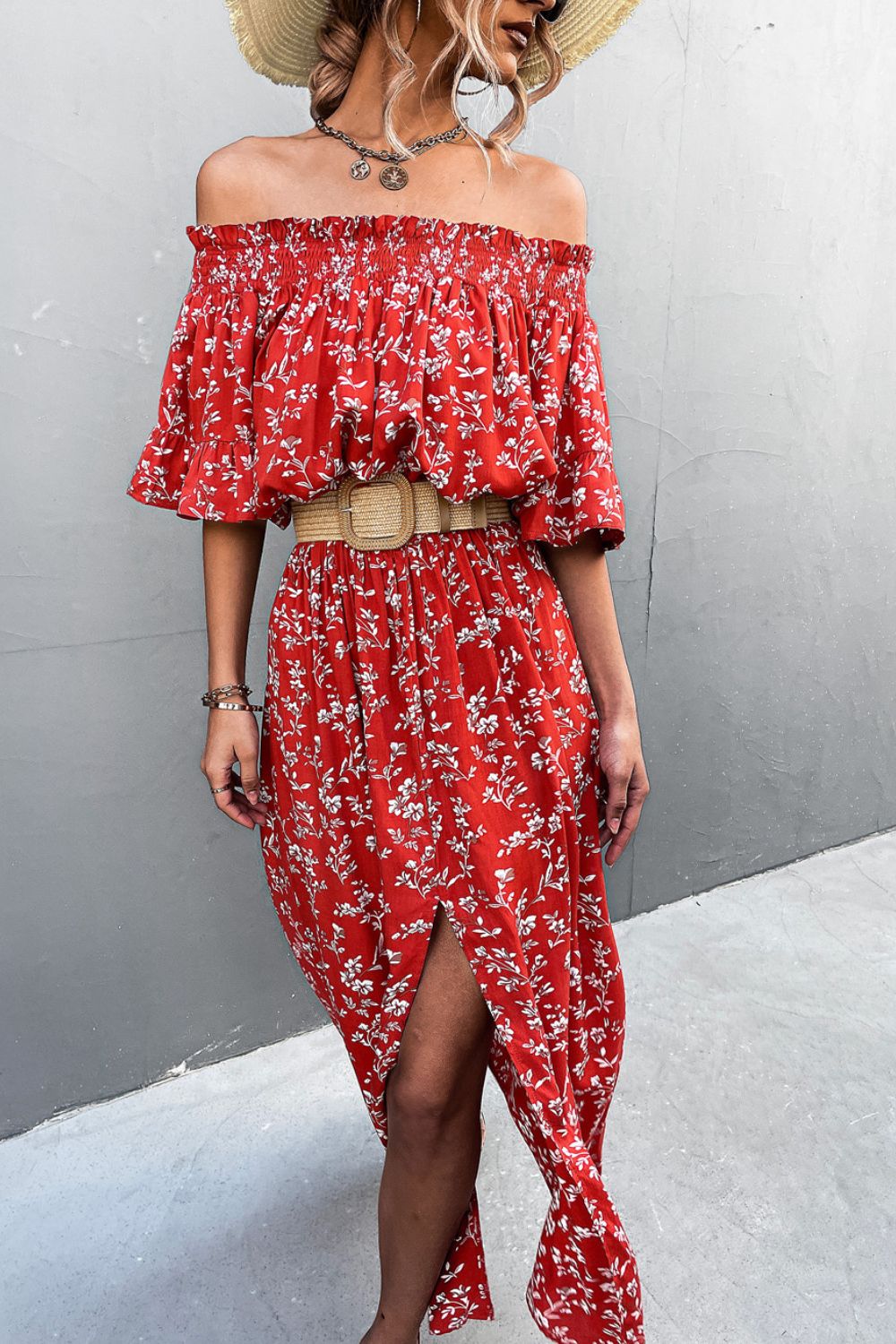 Floral Off-Shoulder Front Split Dress 