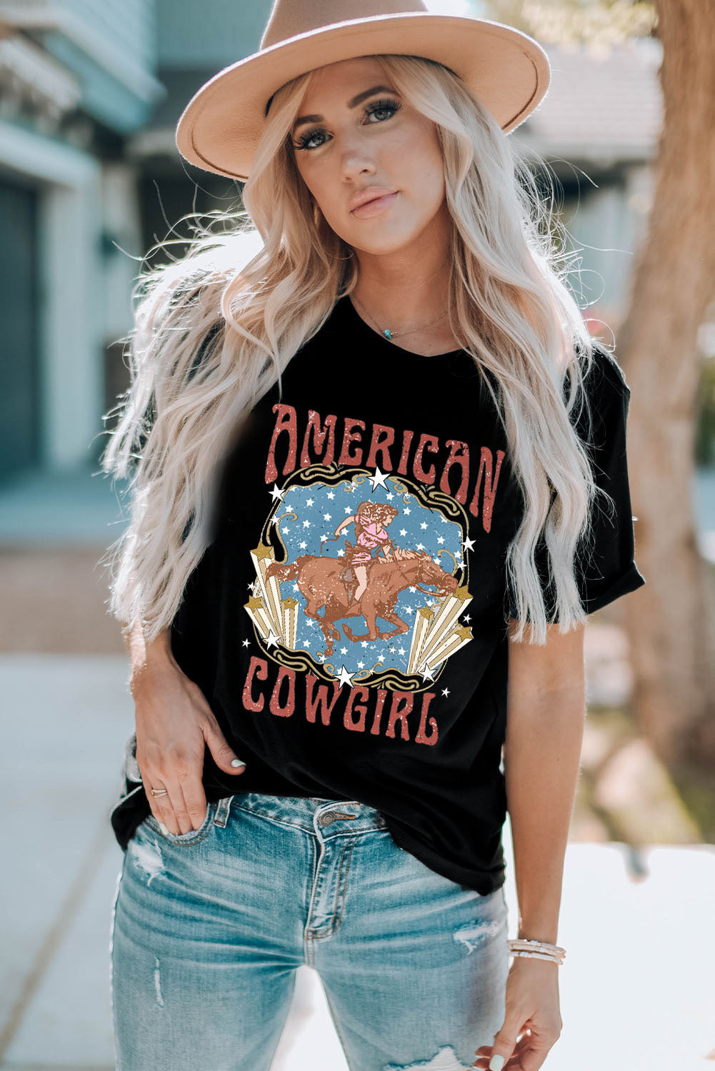 AMERICAN COWGIRL Graphic Short Sleeve Tee - Babbazon Women's Tops