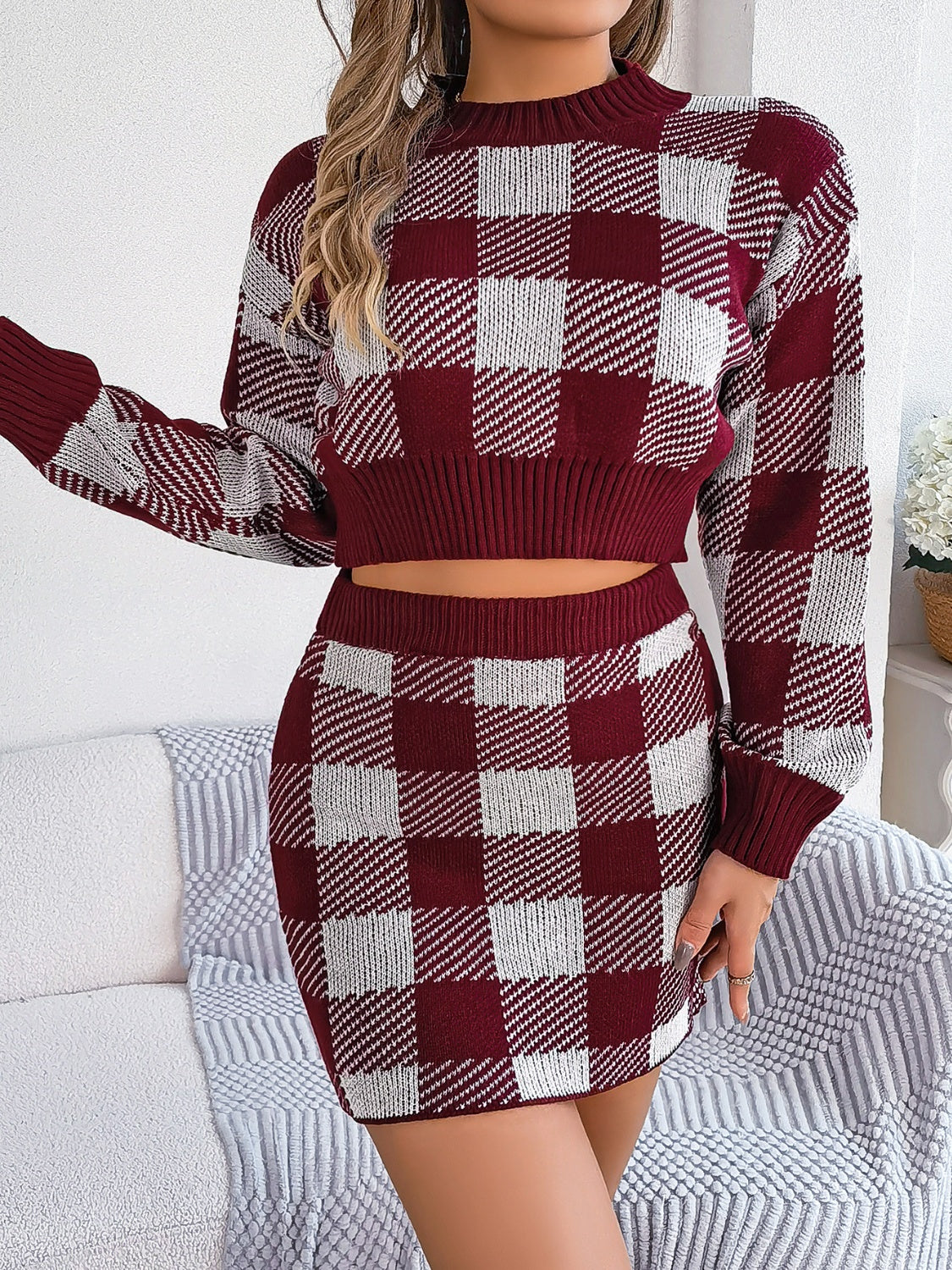 Plaid Round Neck Top and Skirt Sweater Set 