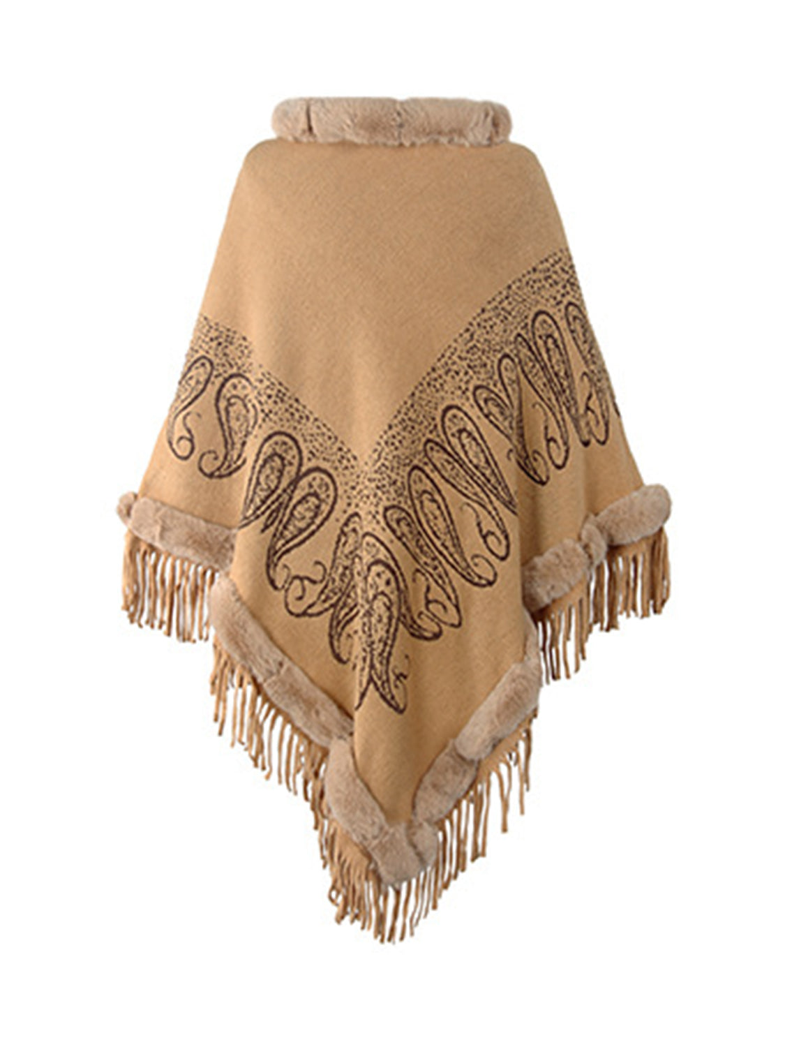 Graphic Fringe Cape Sleeve Poncho 