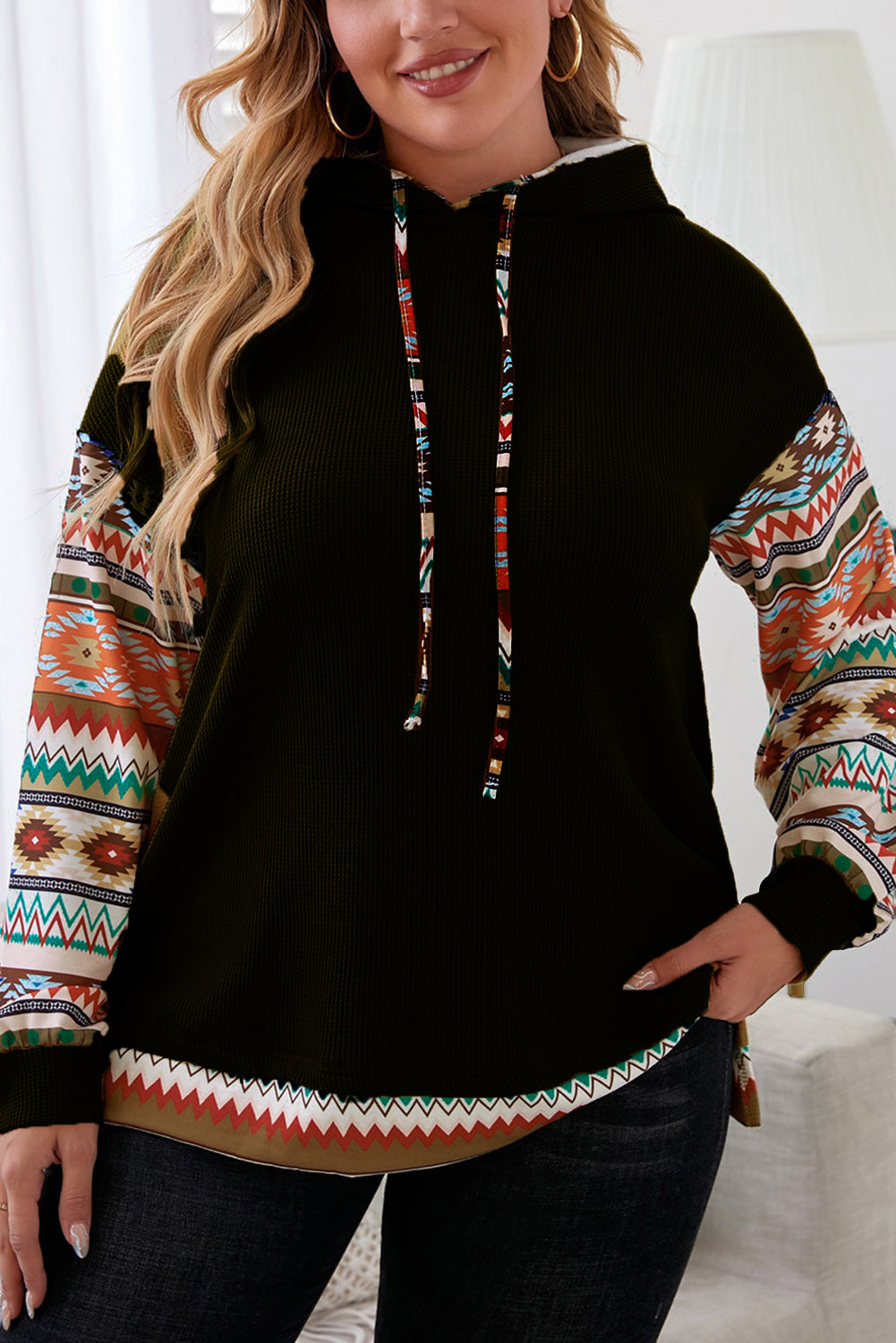 Plus Size Waffle-Knit Geometric Dropped Shoulder Hoodie 