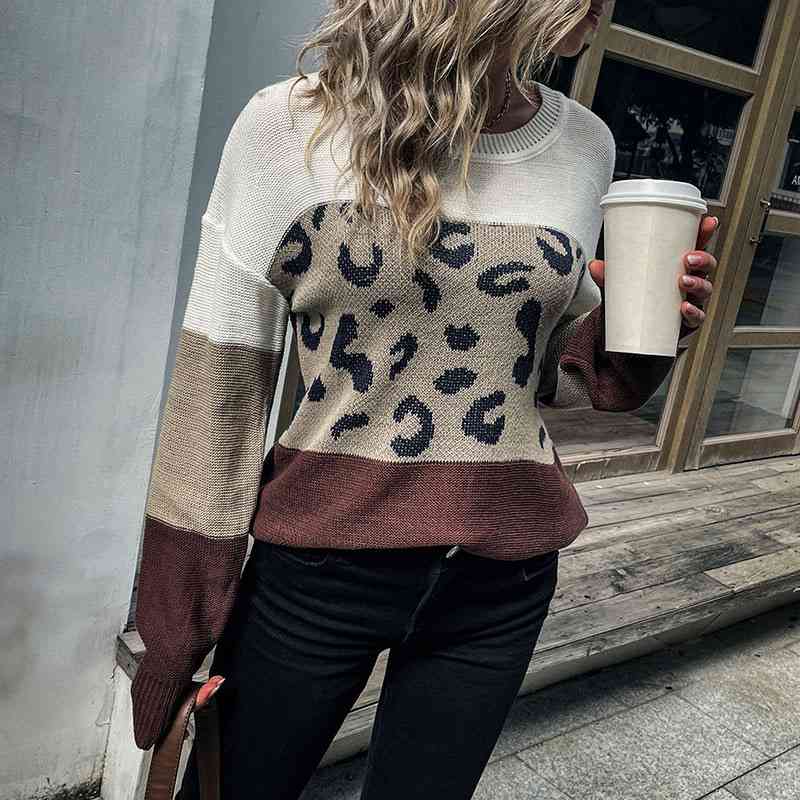 Leopard Color Block Ribbed Trim Tunic Sweater 