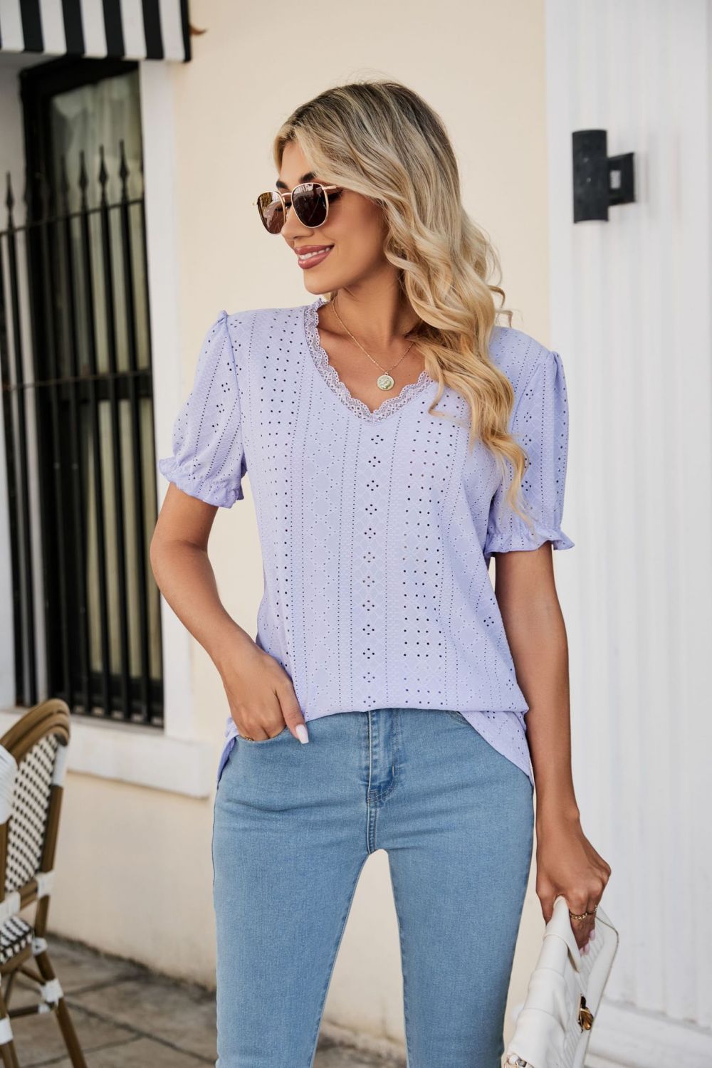 Eyelet Flounce Sleeve Scalloped V-Neck Top 