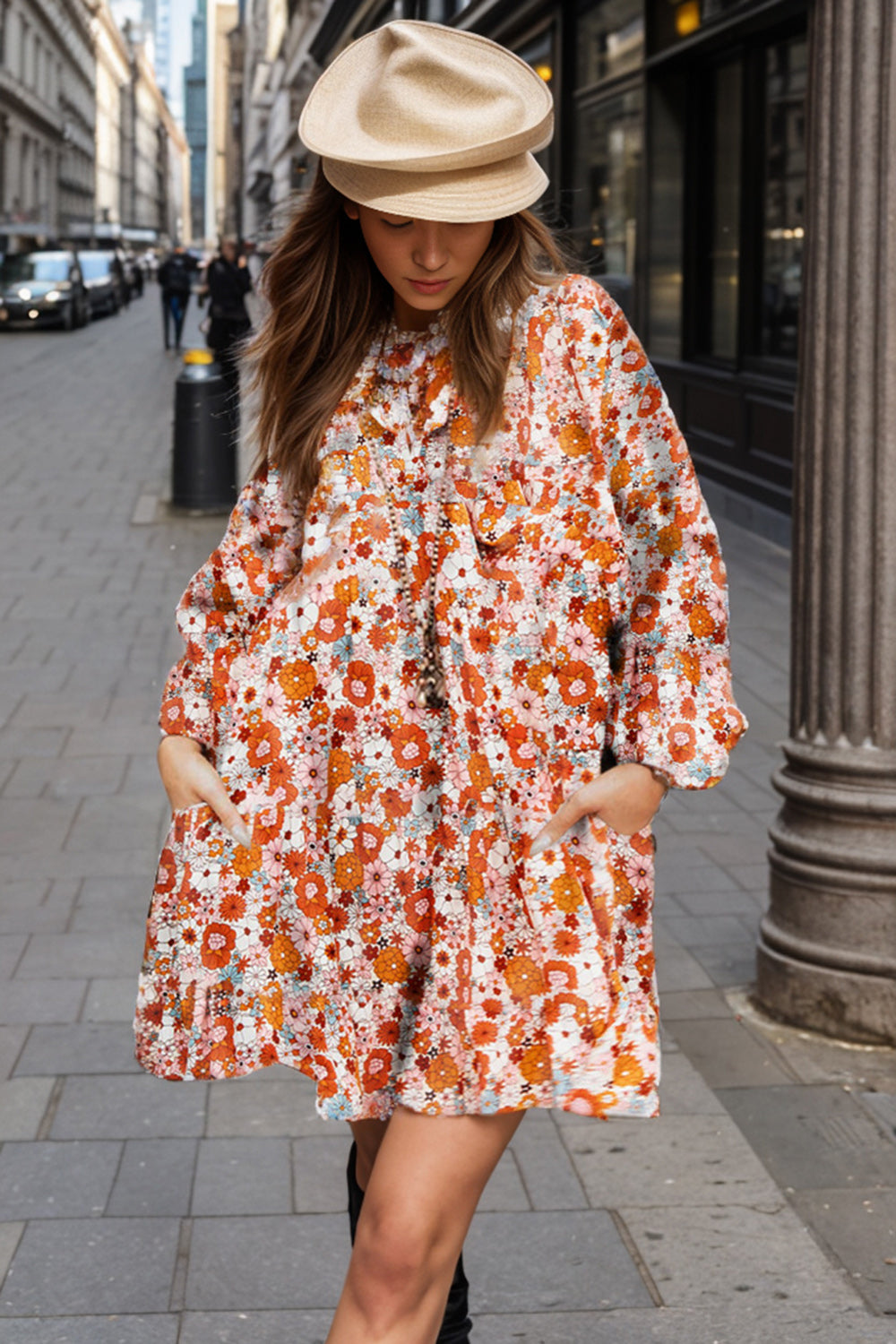 Floral Balloon Sleeve Mini Dress 