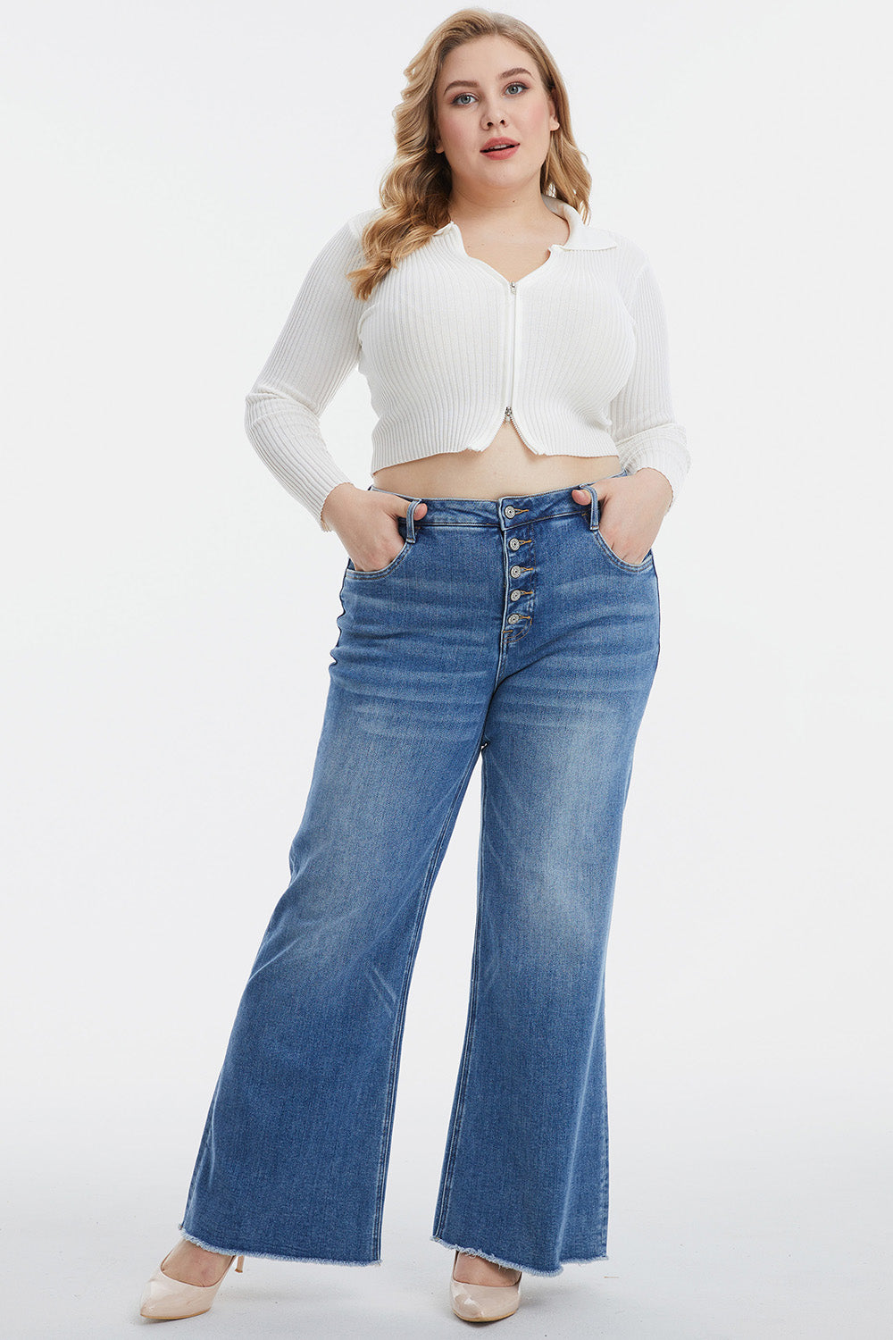 BAYEAS Full Size High Waist Button-Fly Raw Hem Wide Leg Jeans 