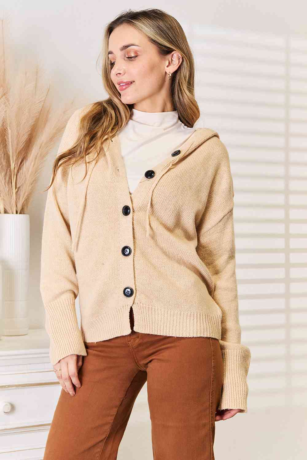 Woven Right Button-Down Long Sleeve Hooded Sweater 