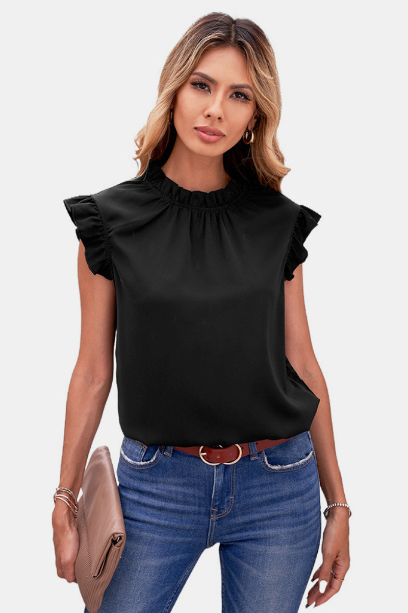 Ruffle Mock Neck Sleeveless Top - Babbazon Tops