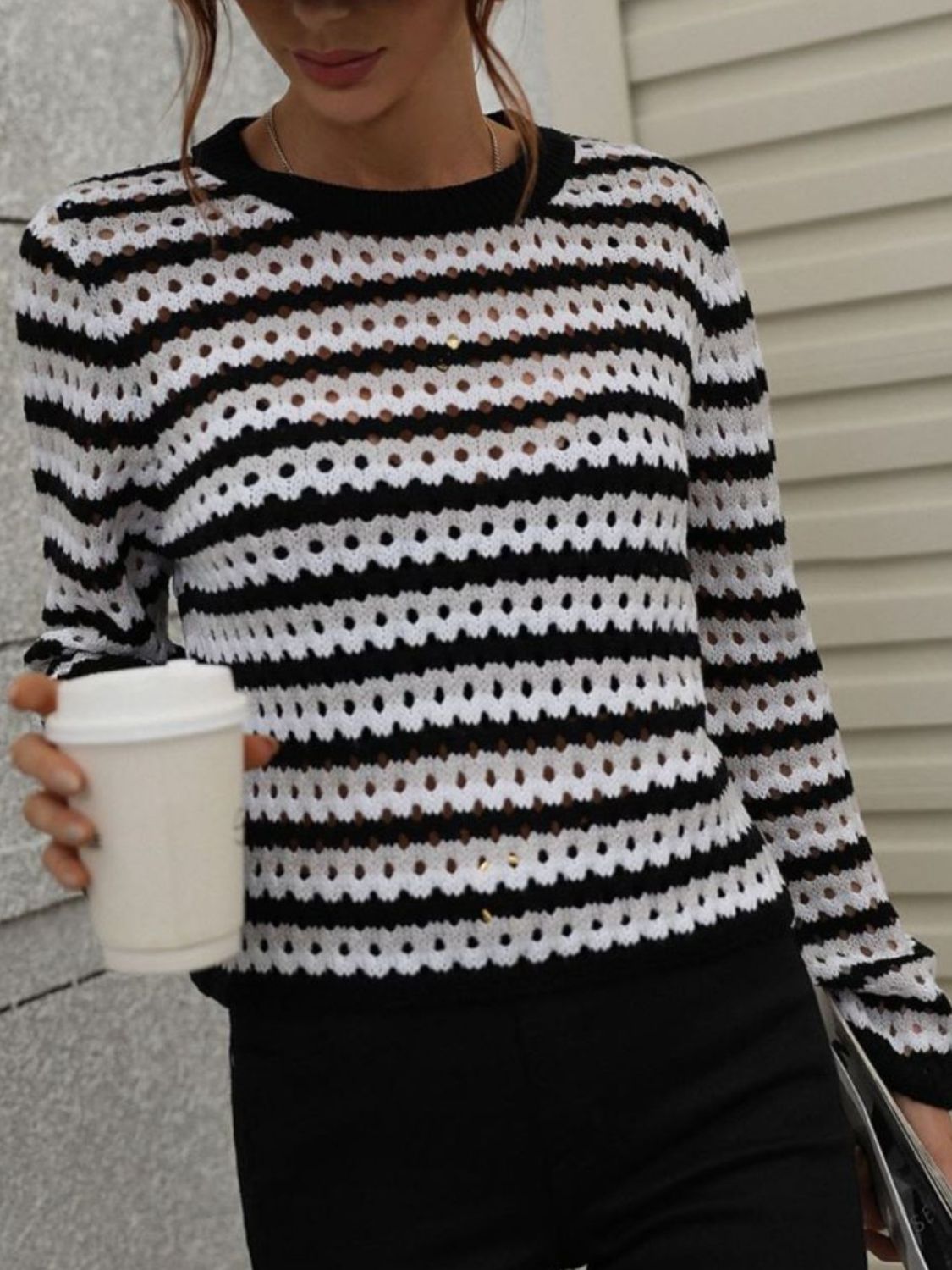 Striped Openwork Long-Sleeve Knit Pullover 