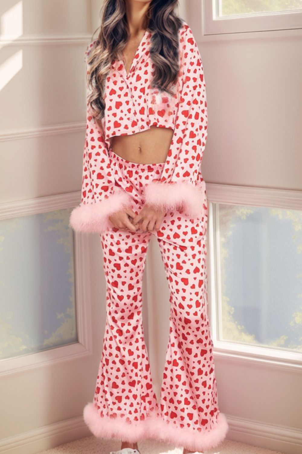 Fuzzy Trim Heart Print Cropped Top and Flare Pants Set 