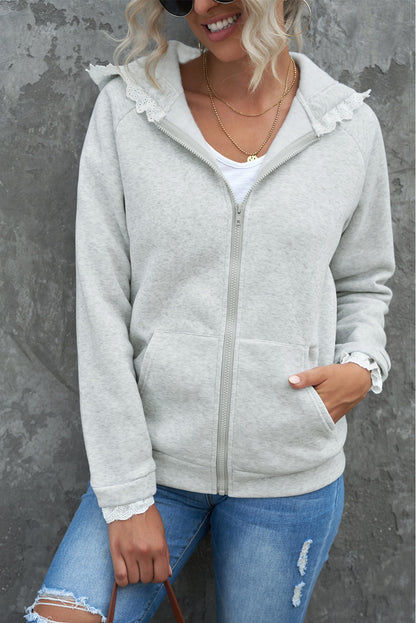 Lace Trim Zip-Up Hooded Jacket 