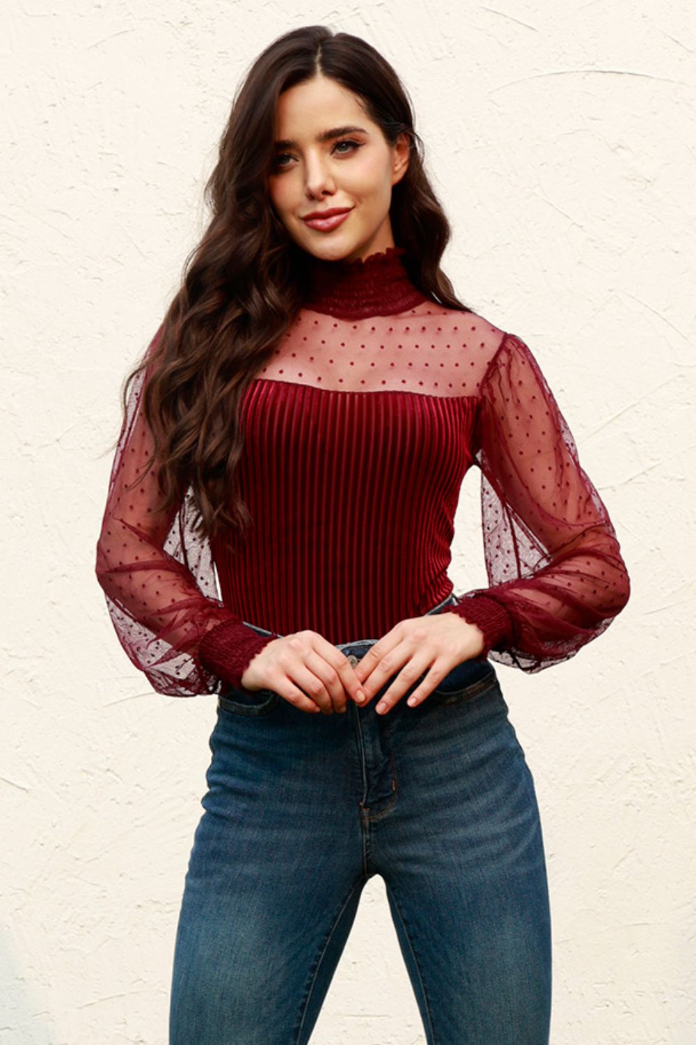 Mesh Long Sleeve Velvet Bodysuit 